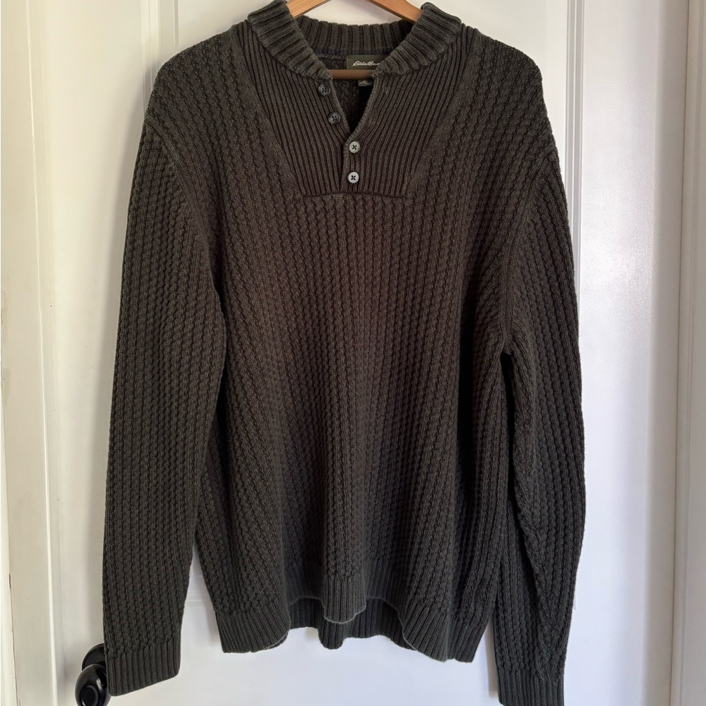 eddie bauer forrest green cotton waffle henley sweater